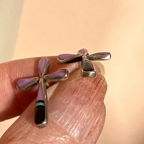 Vintage Native American Zuni Mosaic stone sterling silver cross earrings